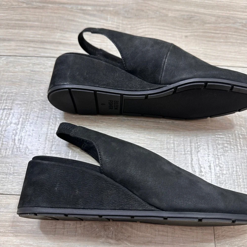 Eileen Fisher Devi Tumbled Nubuck Black Leather Slingback Wedge Heels Women's‎ 6